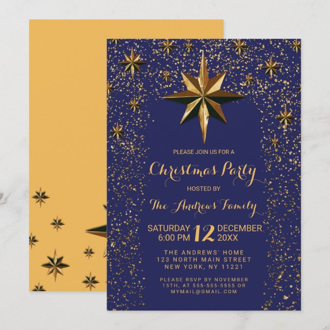 Navy Gold North Star Glitter Confetti Christmas Invitation (Front/Back)