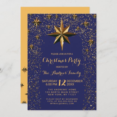 Navy Gold North Star Glitter Confetti Christmas Invitation