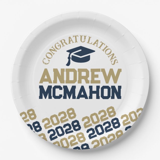 Navy & Gold on White Half Repeat Grad Personalized Paper Plates (Front)