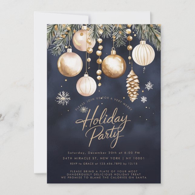 Navy Gold Ornaments Baubles Christmas Party Invitation (Front)