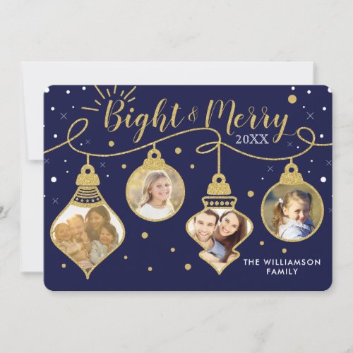 Navy  Gold Ornaments  Merry Holiday Photo Card