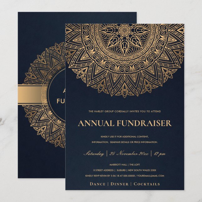 NAVY GOLD ORNATE MANDALA CORPORATE PARTY EVENT INVITATION (Front/Back)