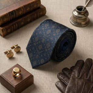 Navy Gold Ornate Medallion Foulard Neck Tie