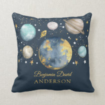 Navy Gold Outer Space Galaxy Moon Star Boy Nursery Throw Pillow