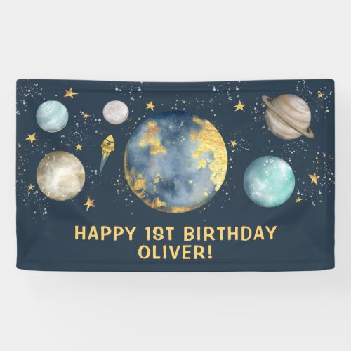 Navy Gold Outer Space Galaxy Moon Stars Birthday Banner