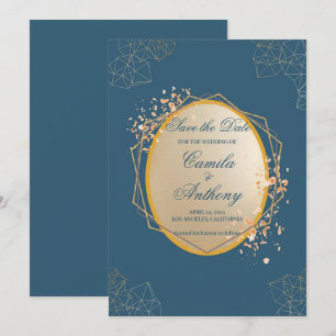 Navy Gold Oval Floral Boho Save The Date Invitation