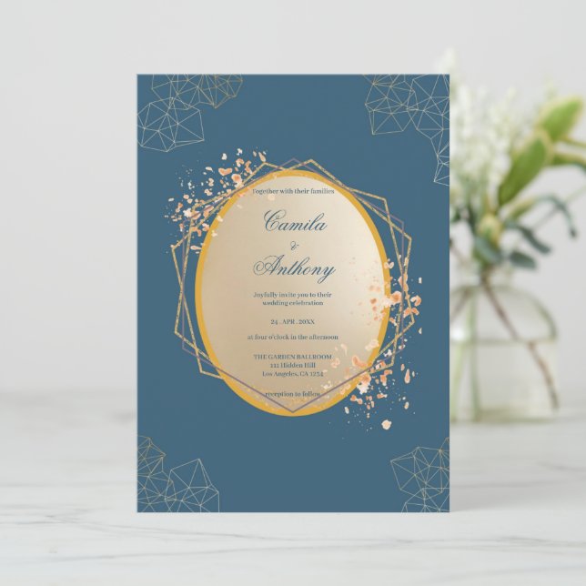 Navy Gold Oval Floral Boho Wedding Invitation (Standing Front)