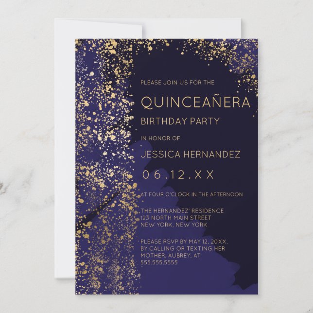 Navy Gold Paint Splatter Brushstroke Quinceañera Invitation (Front)