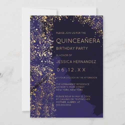 Navy Gold Paint Splatter Brushstroke Quinceaera Invitation