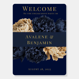Navy Gold Painted Peony Engagement Welcome Sign