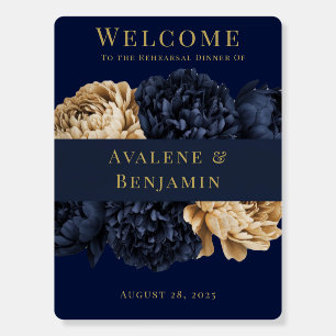Navy Gold Painted Peony Rehearsal Dinner Welcome  Foam Board