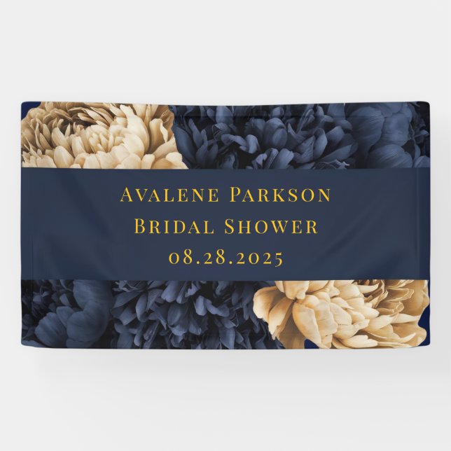 Navy Gold Painted Peony Wedding Banner (Horizontal)