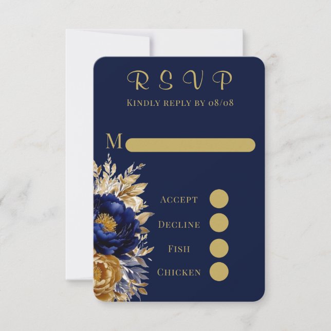 Navy Gold Painted Peony Wedding RSVP Cards (Front)