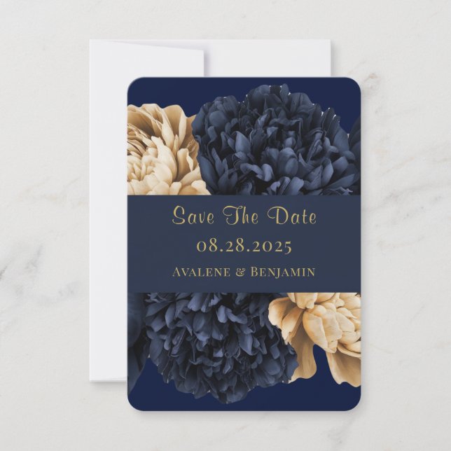 Navy Gold Painted Peony Wedding Save the Date Card (Front)