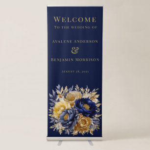 Navy Gold Painted Peony Wedding Welcome  Retractable Banner
