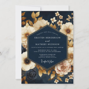Navy Gold Painterly Bloom Wedding Invitation
