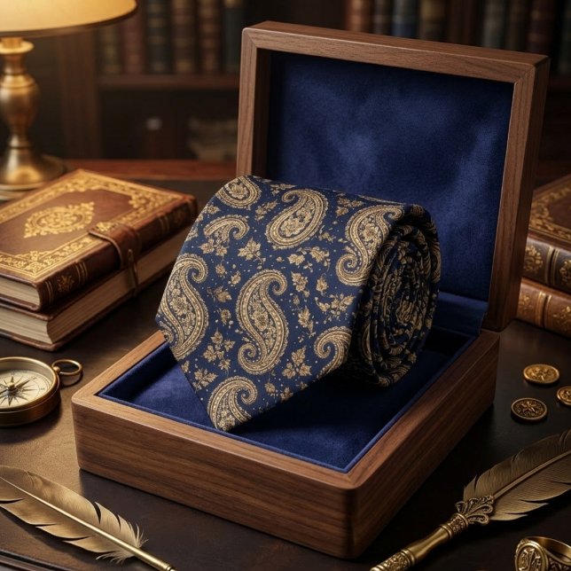 Navy Gold Paisley Classic Baroque Pattern Neck Tie (Creator Uploaded)