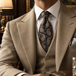 Navy Gold Paisley Classic Baroque Pattern Neck Tie