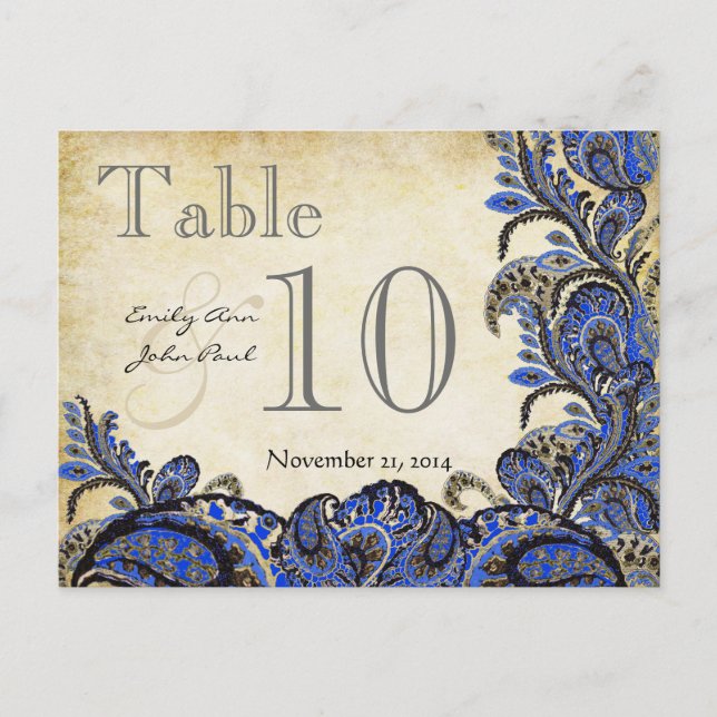 Navy Gold Paisley Wedding Table Number (Front)