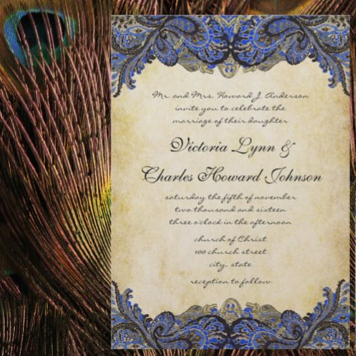 Navy  Gold Paisly Peacock Wedding Invitation