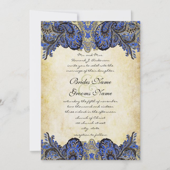 Navy & Gold Paisly Peacock Wedding Invitation (Front)