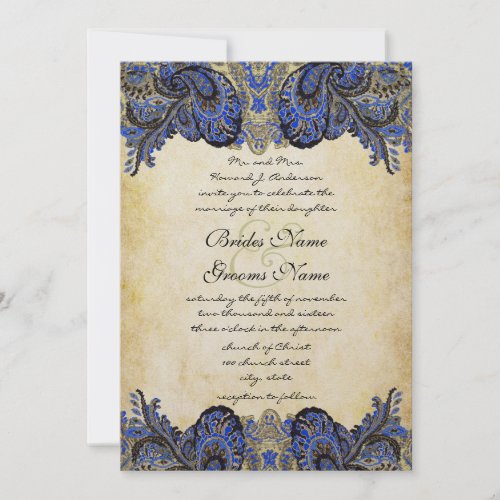 Navy  Gold Paisly Peacock Wedding Invitation