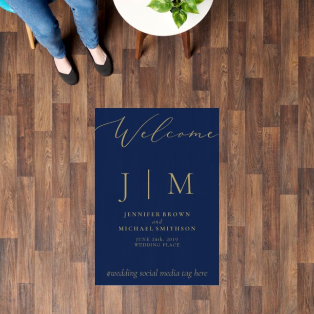 Navy Gold Party Welcome Modern Classic Wedding Floor Decals (Floor)