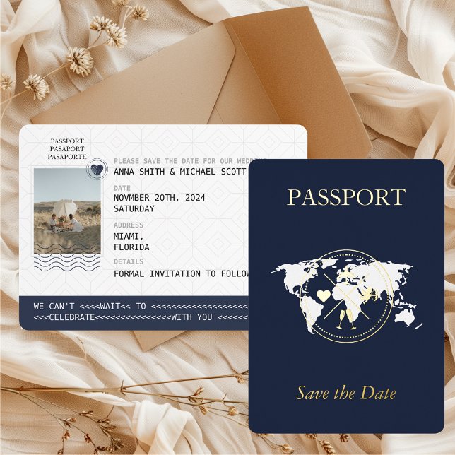 Navy Gold Passport Destination Photo Save the Date Foil Invitation (Passport Save the Date with Photo Navy Blue & Gold Foil Destination Wedding Boarding Pass)