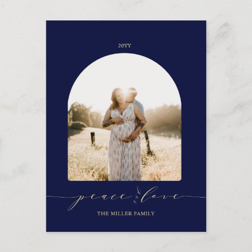 Navy  Gold  Peace and Love Christmas Photo Holiday Postcard
