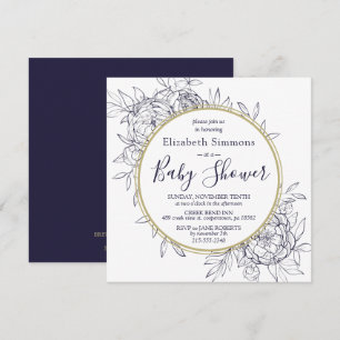 Navy & Gold Peony Modern Floral Toile Baby Shower Invitation