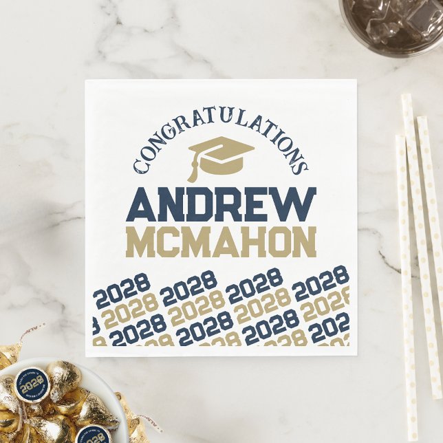 Navy & Gold Personalized Graduation Party Paper Napkins (Navy Blue, White and Taupe Gold Graduation Class Year Paper Napkins)