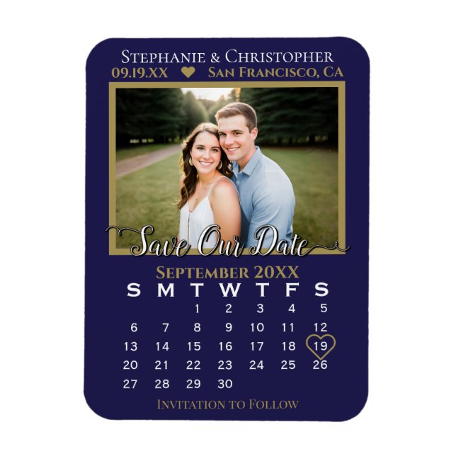 Navy & Gold Photo Calendar Save Our Date Wedding Magnet (Vertical)