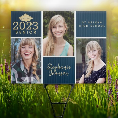 Navy Gold Photo Collage Graduation Sign