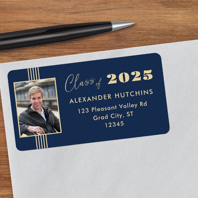 Navy Gold Photo Frame 2025 Grad Address Label (Creator Uploaded)