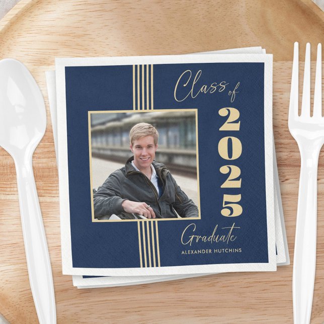 Navy Gold Photo Frame 2025 Graduation Napkins (Creator Uploaded)