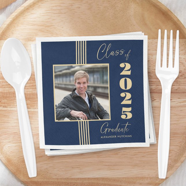 Navy Gold Photo Frame 2025 Graduation Napkins (Creator Uploaded)