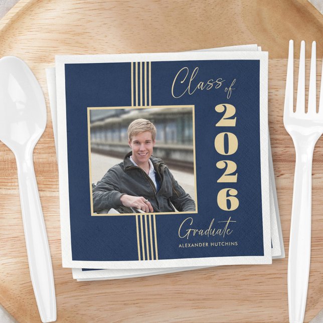 Navy Gold Photo Frame 2026 Graduation Napkins (Creator Uploaded)