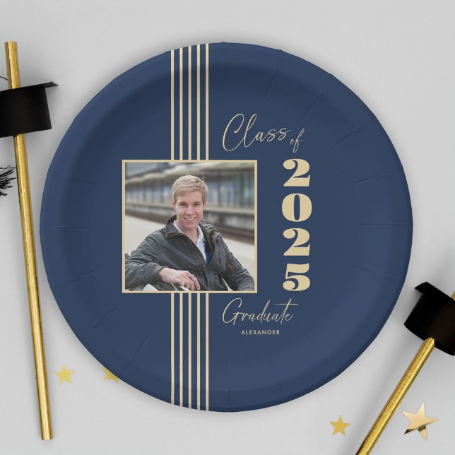Navy Gold Photo Frame Class of 2025 Graduation Paper Plates (Creator Uploaded)