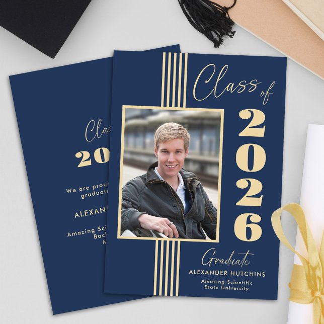 Navy Gold Photo Frame Class of 2026 Graduation Announcement (Creator Uploaded)