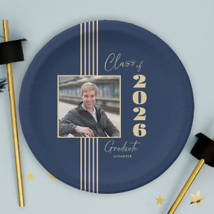 Navy Gold Photo Frame Class of 2026 Graduation Paper Plates