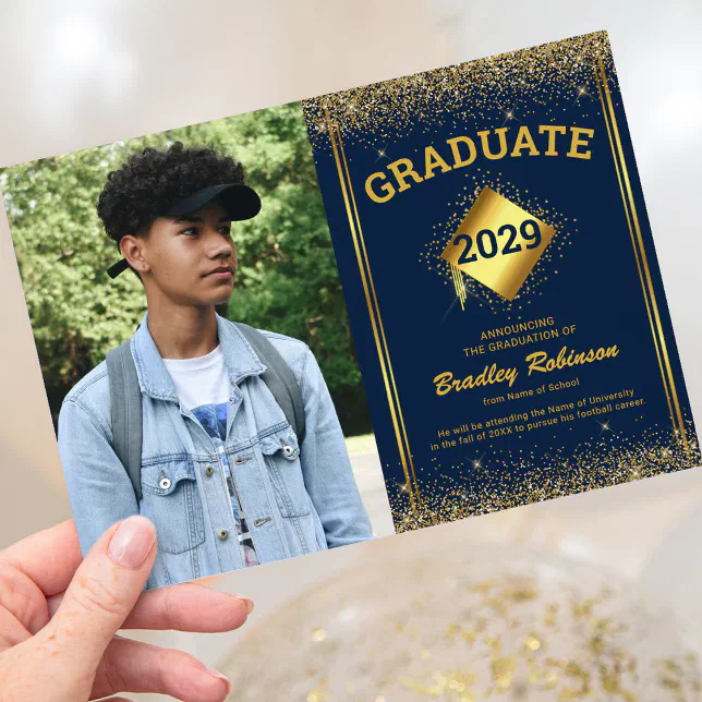 Navy Gold Photo Graduation Announcement | Zazzle