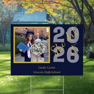 Navy Gold Photo Graduation Yard Sign 2026