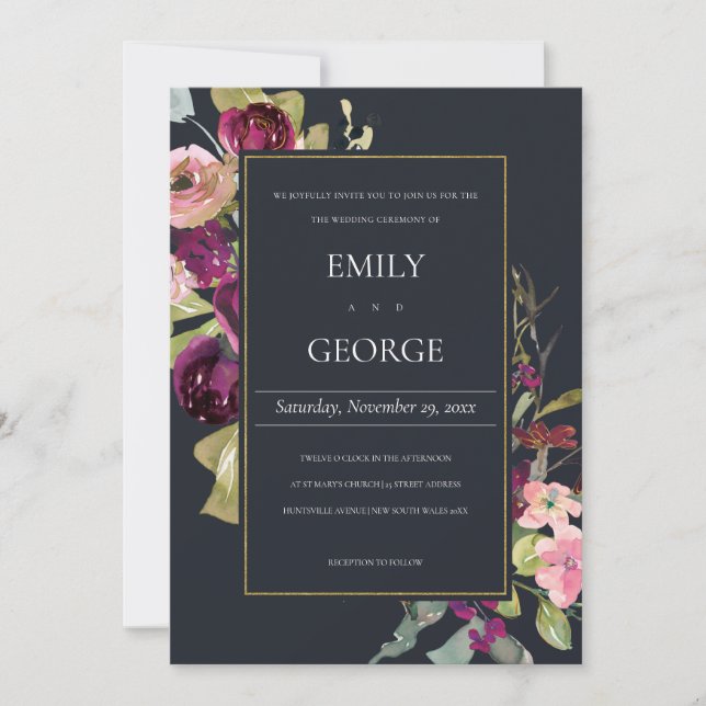 NAVY GOLD PINK BURGUNDY ROSE FLORAL WEDDING INVITE (Front)