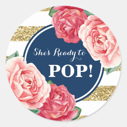 Navy Gold Pink Floral Baby Shower Ready to Pop Classic Round Sticker