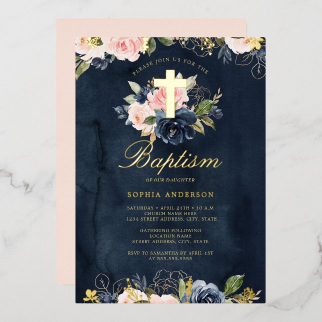 Navy Gold Pink Floral Baptism  Foil Invitation (Front/Back)