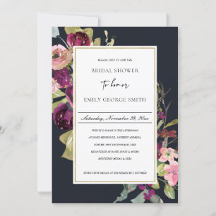 NAVY GOLD PINK RED ROSE FLORA BRIDAL SHOWER INVITE