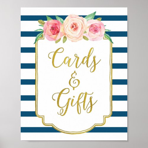 Navy Gold Pink Watercolor Floral Cards Gifts Sign