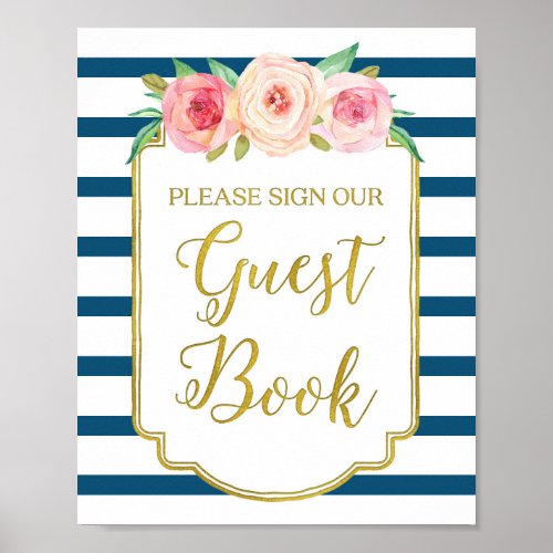 Navy Gold Pink Watercolor Floral Guest Book Sign