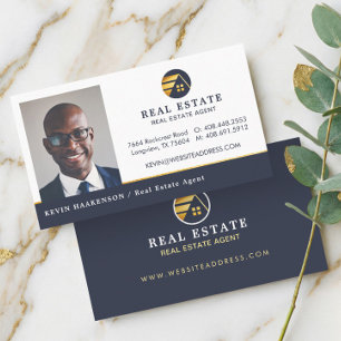 Navy Gold Professional Real Estate Agent Photo Business Card