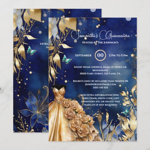 Navy gold Quinceañera butterfly ballgown flowers